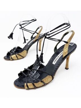 Manolo Blahnik Strappy Lace Up Tassel Heel Sandals Womens Size EU 37